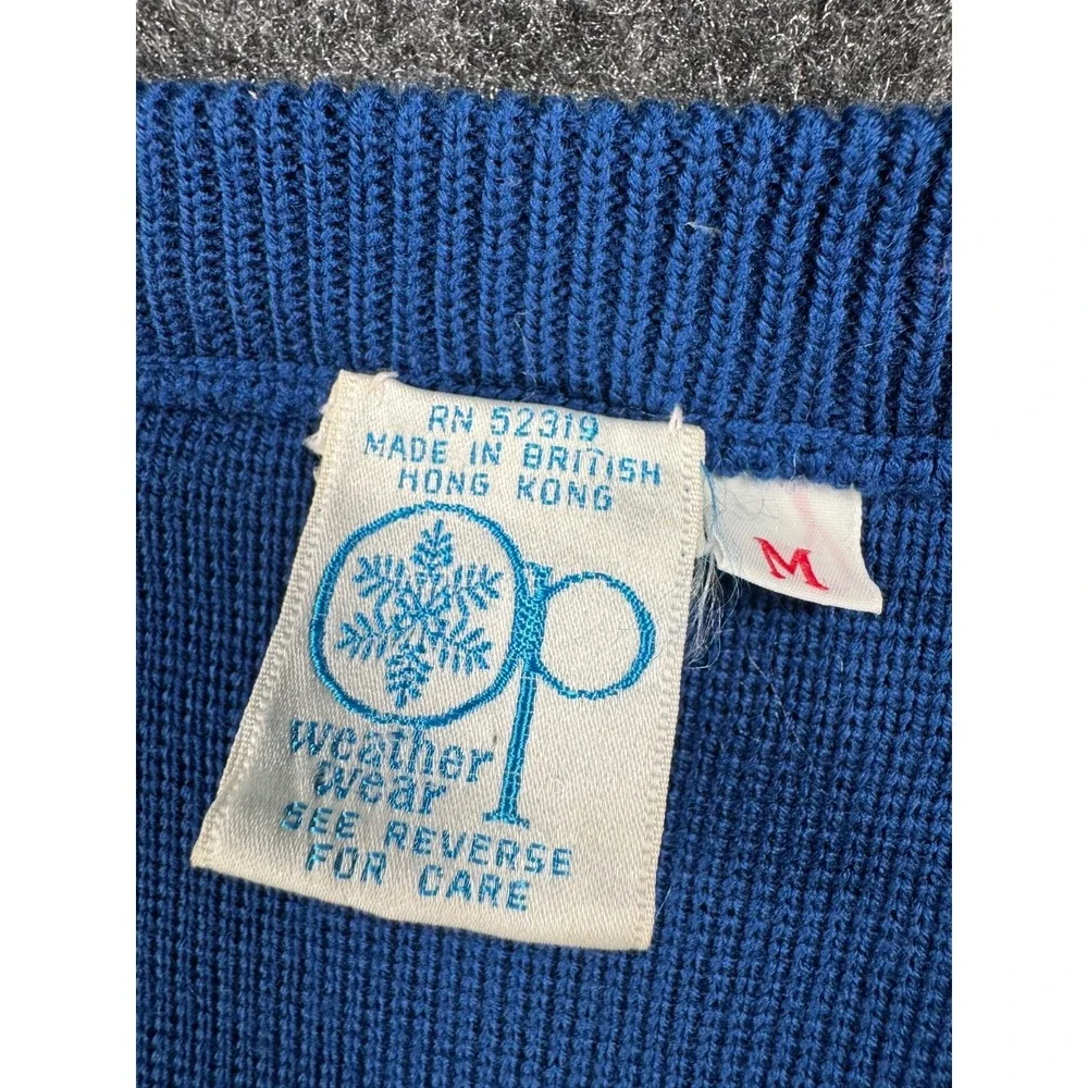 VTG OP Ocean Pacific Sweater Mens M Blue V Neck Striped Shoulder Knit Hong Kong